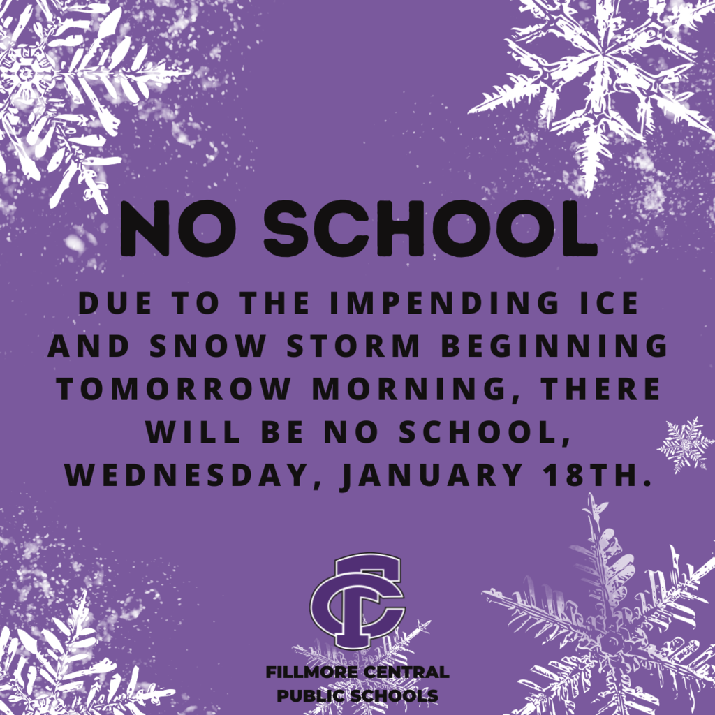 Due to the impending ice and snow storm beginning tomorrow morning, there will be no school, Wednesday, January 18th.