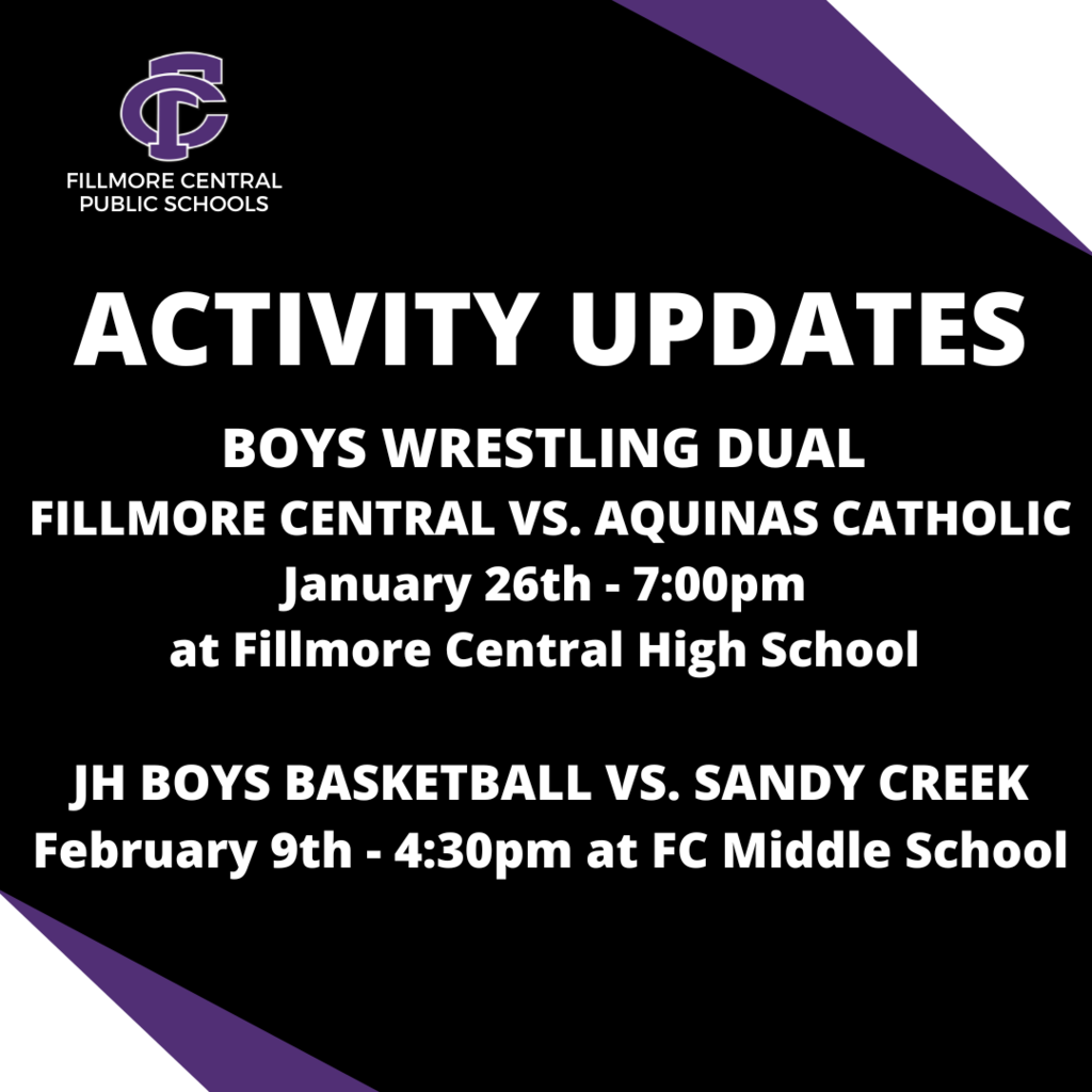 ACTIVITY UPDATES B WR Dual vs. Aquinas Catholic January 26th @ 7:00p.m. JH BBB vs. Sandy Creek 4:30p.m. @ FC Middle School 