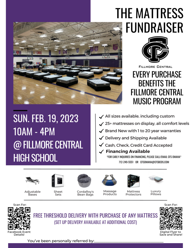 Fillmore Central Mattress fundraiser Feb. 19th 10am-4pm @ FCHS Gym
