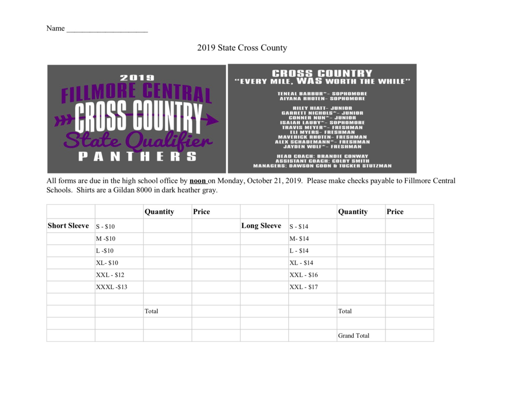 Cross Country Shirt Order Form